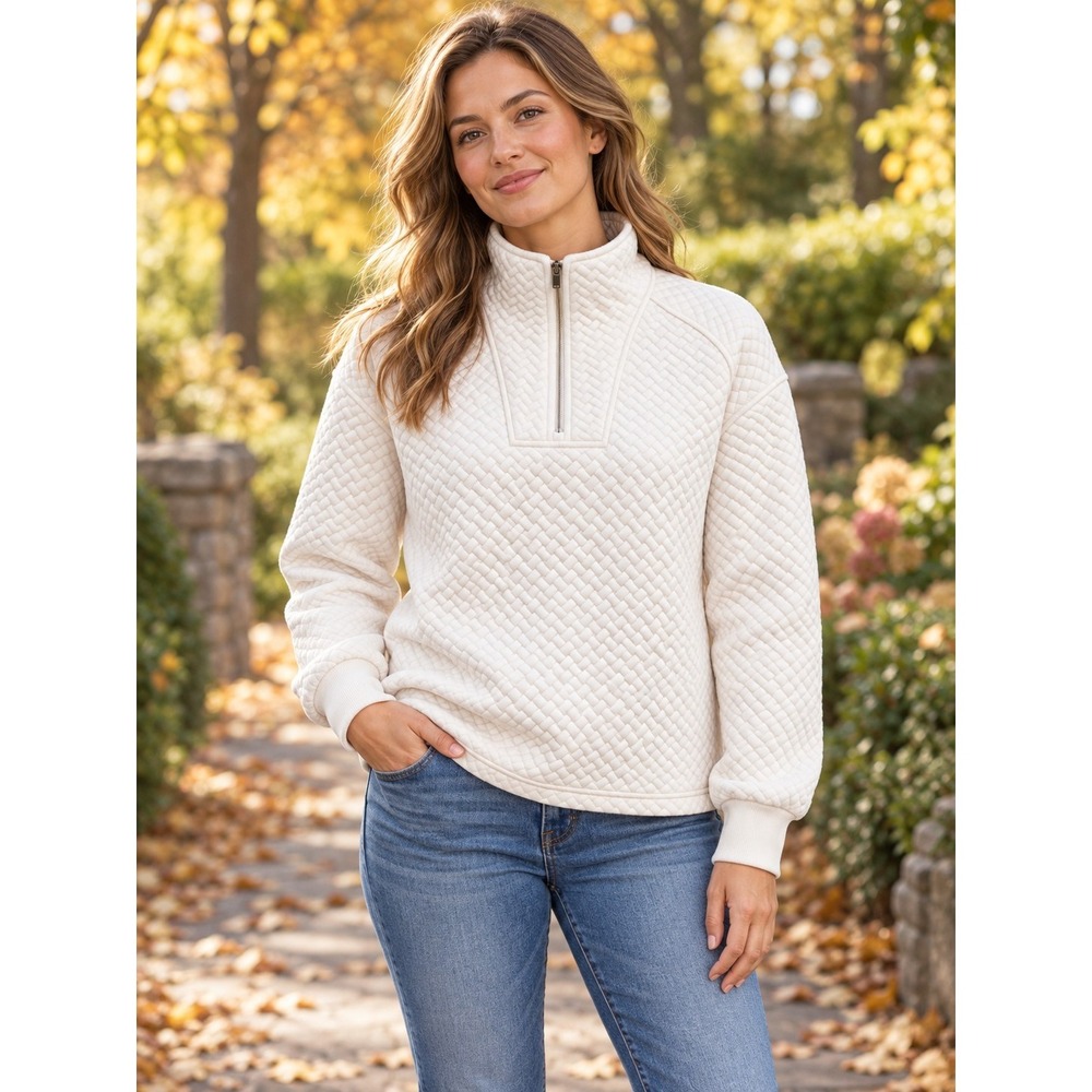 BCG Quilted 1/4 Zip Pullover Sweatshirt Ivory Womens Medium Preppy Fall Layer